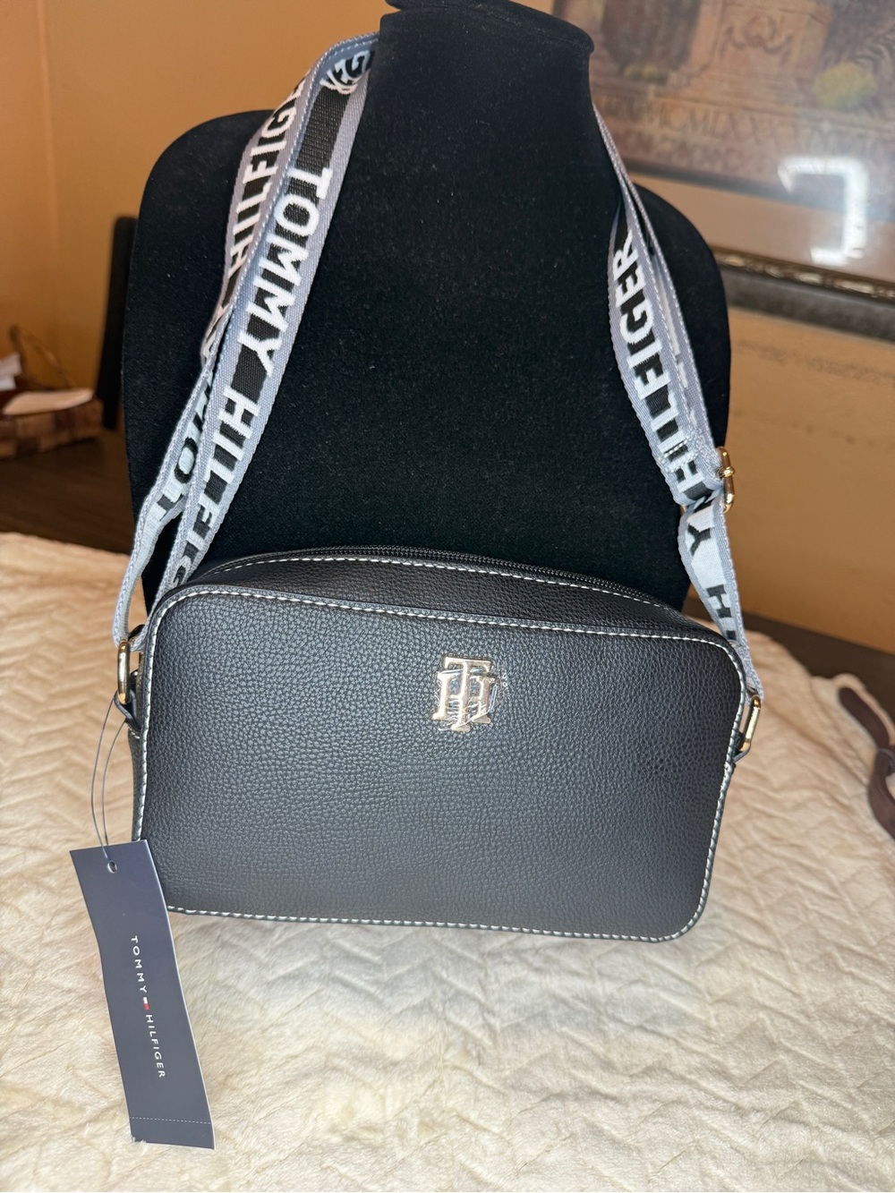 Tommy Hilfiger Black Pebbled Crossbody with Branded Strap